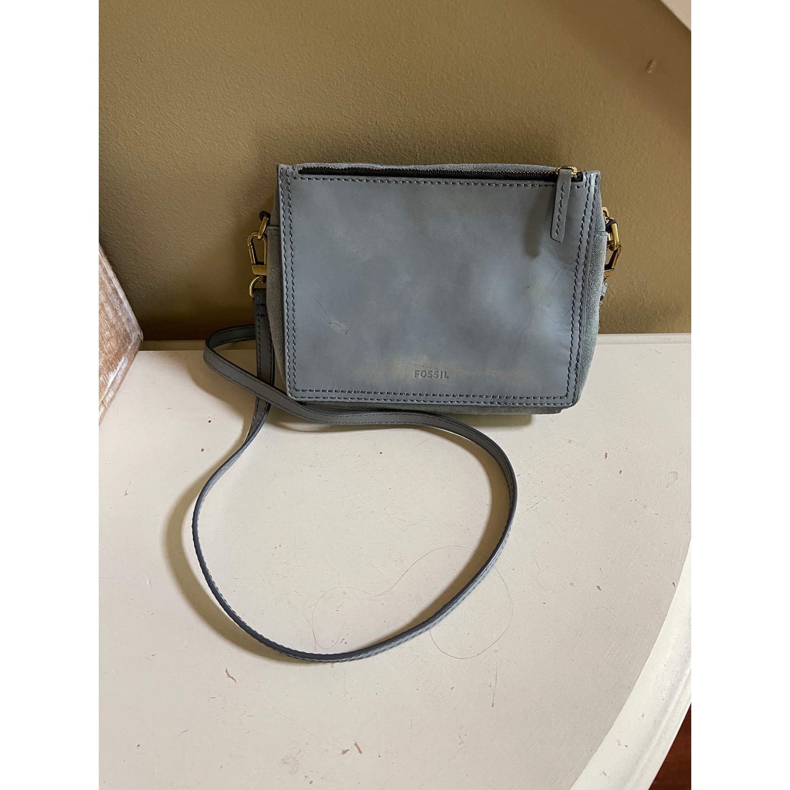 Fossil Campbell Crossbody Bag Grey Blue Leather Suede Triple Zip